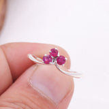 Ruby Sterling Silver Ring Natural Pink Gemstone Three Stone Cluster Design