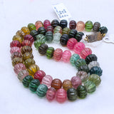 1  Line Natural High Quality Multi Tourmaline Melon Shaped Spiritual Healing Carving Gemstone Beads Strand 925 Silver Necklace