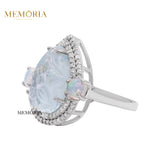 Natural Aquamarine, Opal Gemstone With Diamond 925 Sterling Silver Gold Plated Ring