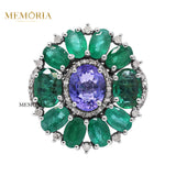 Natural Tanzanite, Emerald Gemstone and Diamond 925 Sterling Silver Ring