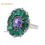 Natural Tanzanite, Emerald Gemstone and Diamond 925 Sterling Silver Ring