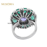 Natural Tanzanite, Emerald Gemstone and Diamond 925 Sterling Silver Ring