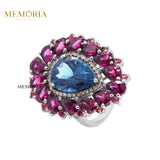 Natural London Blue Topaz, Garnet Gemstone and Diamond 925 Sterling Silver Ring