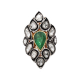 Natural Emerald Gemstone and Polki Diamond 925 Sterling Silver Vintage Ring