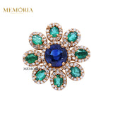 Natural Tanzanite, Emerald With Diamond 925 Sterling Silver Flower Shaped Ring