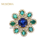 Natural Tanzanite, Emerald With Diamond 925 Sterling Silver Flower Shaped Ring