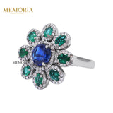 Natural Tanzanite, Emerald With Diamond 925 Sterling Silver Flower Shaped Ring