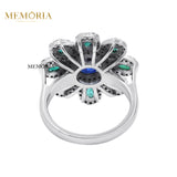 Natural Tanzanite, Emerald With Diamond 925 Sterling Silver Flower Shaped Ring