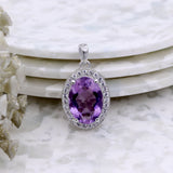 Natural Amethyst and CZ Halo Pendant 925 Sterling Silver Pendant Handmade Jewelry.