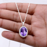 Natural Amethyst and CZ Halo Pendant 925 Sterling Silver Pendant Handmade Jewelry.
