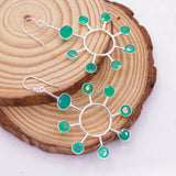 Natural Green Onyx Sterling Silver Sunburst Earrings Handmade Statement Dangle Earrings