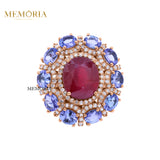 Natural Ruby,Tanzanite Gemstone With Diamond 925 Sterling Silver Flower Ring