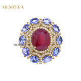 Natural Ruby,Tanzanite Gemstone With Diamond 925 Sterling Silver Flower Ring