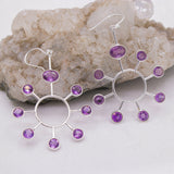 Natural Amethyst Sterling Silver Sunburst Earrings Handmade Chandelier Dangle Earrings