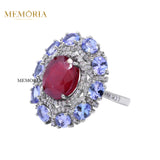 Natural Ruby,Tanzanite Gemstone With Diamond 925 Sterling Silver Flower Ring