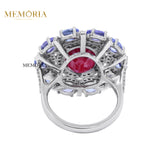 Natural Ruby,Tanzanite Gemstone With Diamond 925 Sterling Silver Flower Ring