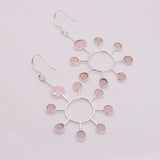 Natural Rose Quartz Sunburst Earrings in 925 Sterling Silver Handmade Pink Gemstone Dangle Earrings
