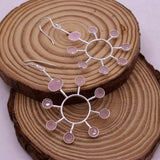 Natural Rose Quartz Sunburst Earrings in 925 Sterling Silver Handmade Pink Gemstone Dangle Earrings