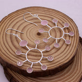 Natural Rose Quartz Sunburst Earrings in 925 Sterling Silver Handmade Pink Gemstone Dangle Earrings