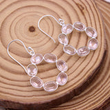Natural Rose Quartz Oval Hoop Earrings in 925 Sterling Silver Handmade Pink Gemstone Dangle Earrings
