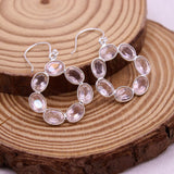 Natural Rose Quartz Oval Hoop Earrings in 925 Sterling Silver Handmade Pink Gemstone Dangle Earrings