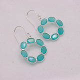 Natural Aqua Chalcedony Hoop Earrings Sterling Silver Oval Bezel Gemstone Drop Earrings