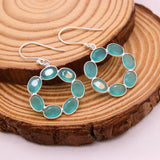 Natural Aqua Chalcedony Hoop Earrings Sterling Silver Oval Bezel Gemstone Drop Earrings