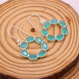 Natural Aqua Chalcedony Hoop Earrings Sterling Silver Oval Bezel Gemstone Drop Earrings