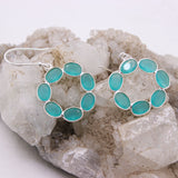 Natural Aqua Chalcedony Hoop Earrings Sterling Silver Oval Bezel Gemstone Drop Earrings