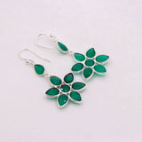 Natural Green Onyx Floral Drop Earrings in 925 Sterling Silver Handcrafted Petal Design Gemstone Earrings