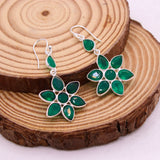 Natural Green Onyx Floral Drop Earrings in 925 Sterling Silver Handcrafted Petal Design Gemstone Earrings