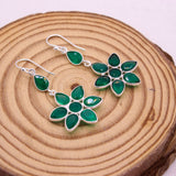 Natural Green Onyx Floral Drop Earrings in 925 Sterling Silver Handcrafted Petal Design Gemstone Earrings