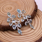 Natural Blue Topaz Floral Drop Earrings in 925 Sterling Silver Handmade Chandelier Gemstone Earrings
