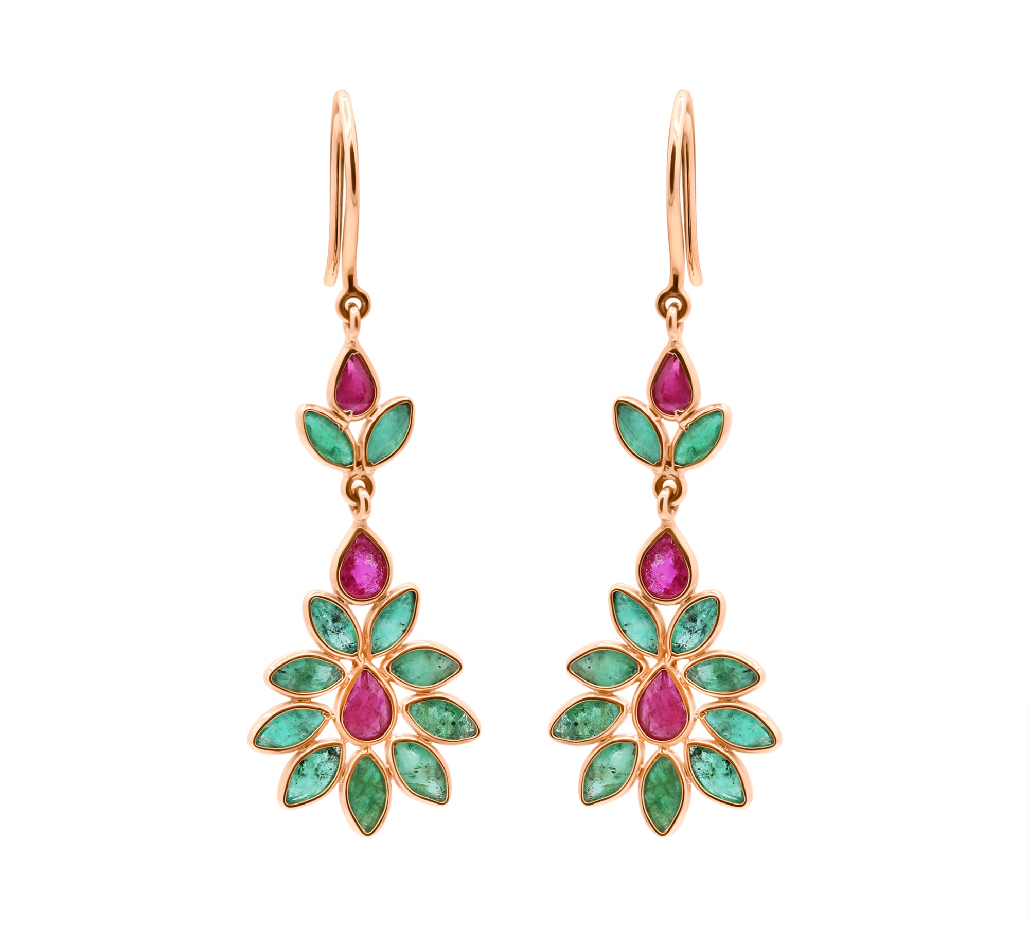 Natural Ruby and Emerald Gemstone 18k Gold Designer Dangle Earring