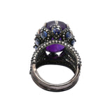 Natural Amethyst, Blue Sapphire Gemstone and Diamond 925 Silver Black Rhodium Plated Ring