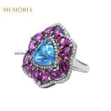 Precious London Blue Topaz, Garnet Gemstone With Diamond 925 Sterling Silver Ring