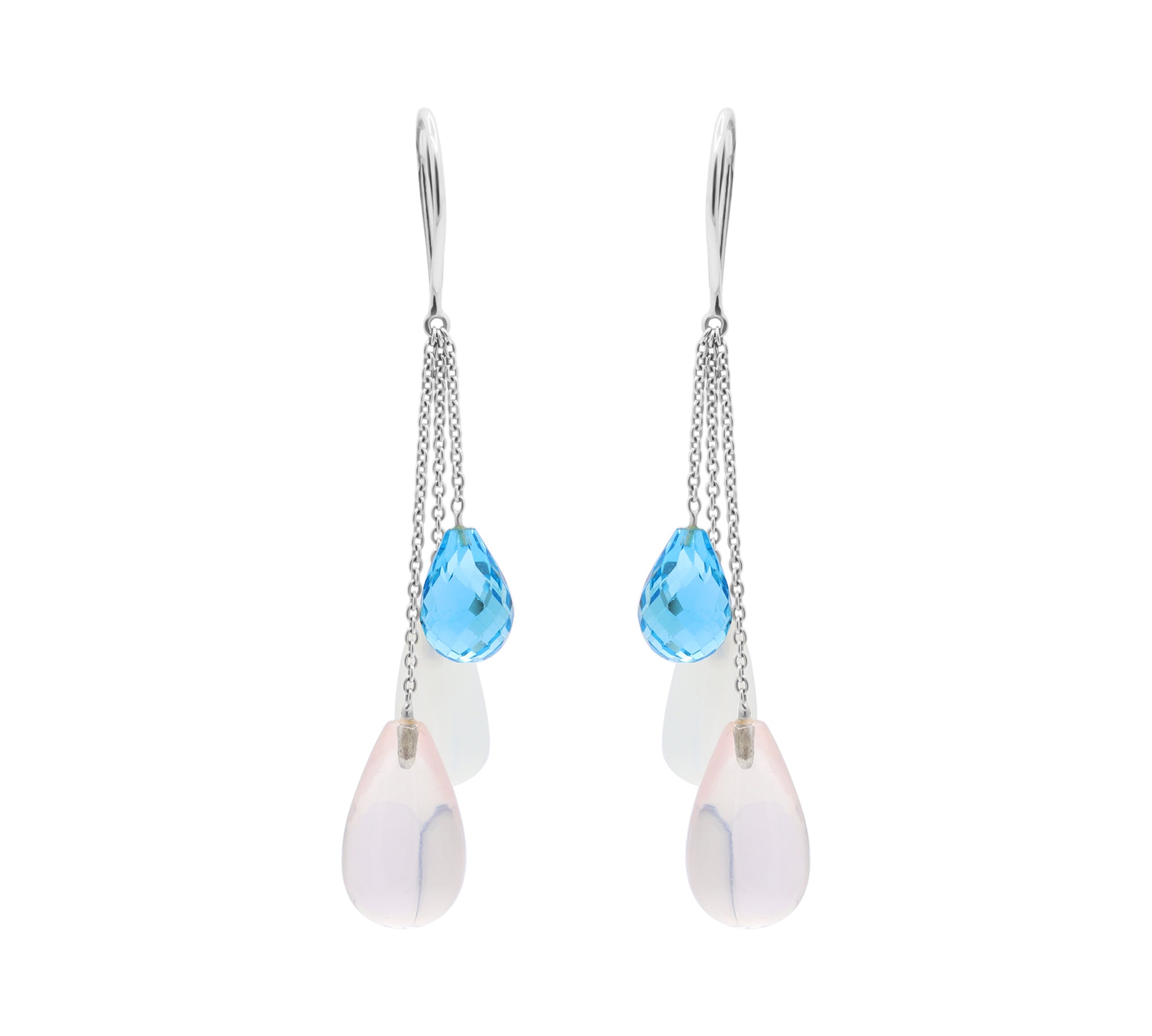 Tear Drop Cat's Eye, Blue Topaz and Rose Quartz 14k Gold Designer Earring