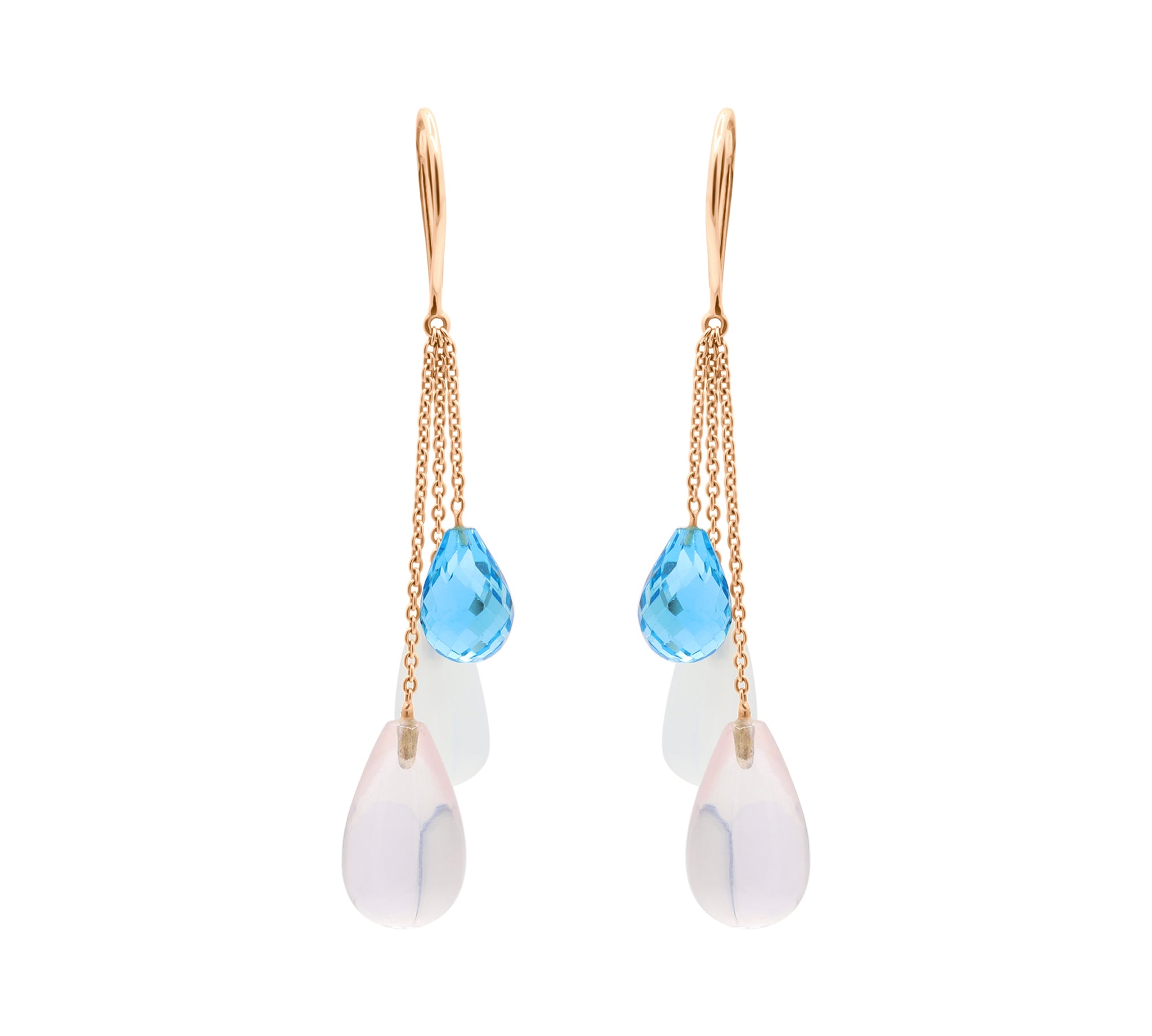 Tear Drop Cat's Eye, Blue Topaz and Rose Quartz 14k Gold Designer Earring