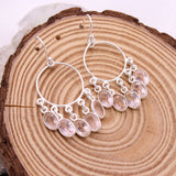 Natural Rose Quartz Chandelier Hoop Earrings 925 Sterling Silver Pink Gemstone Dangle Earrings