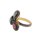 Natural Green Yellow & Pink Sapphire Gemstone & Diamond 925 Sterling Silver Black Rhodium Gold Plated Ring