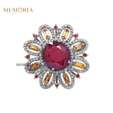 Natural Ruby Gemstone and Diamond 925 Sterling Silver Floral Ring