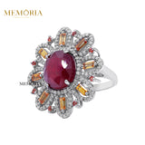 Natural Ruby Gemstone and Diamond 925 Sterling Silver Floral Ring