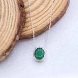 Natural Emerald Sterling Silver Necklace Oval Bezel Set Green Emerald Pendant