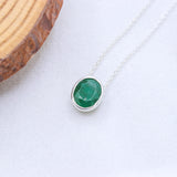 Natural Emerald Sterling Silver Necklace Oval Bezel Set Green Emerald Pendant