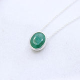 Natural Emerald Sterling Silver Necklace Oval Bezel Set Green Emerald Pendant