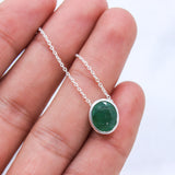 Natural Emerald Sterling Silver Necklace Oval Bezel Set Green Emerald Pendant
