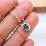 Natural Emerald Sterling Silver Necklace Minimalist Oval Bezel Set Emerald Pendant