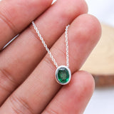Natural Emerald Sterling Silver Necklace Minimalist Oval Bezel Set Emerald Pendant