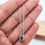 Natural Emerald Sterling Silver Necklace Minimalist Oval Bezel Set Emerald Pendant