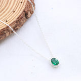 Natural Emerald Sterling Silver Necklace Minimalist Oval Bezel Set Emerald Pendant